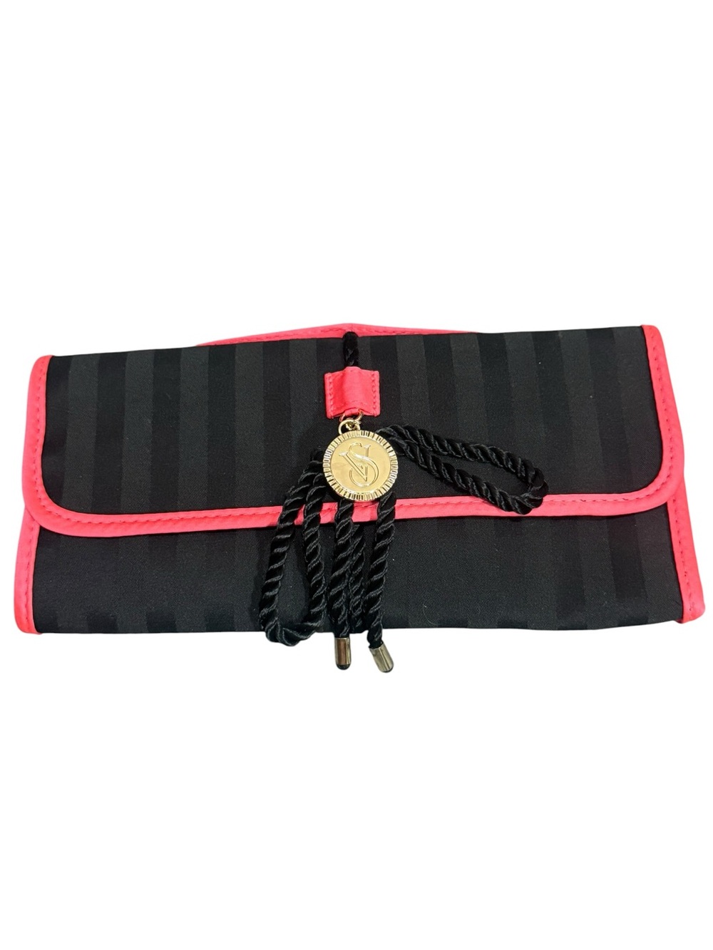 Victoria's Secret Black Clutch with Pink Trim and Gold Medallion